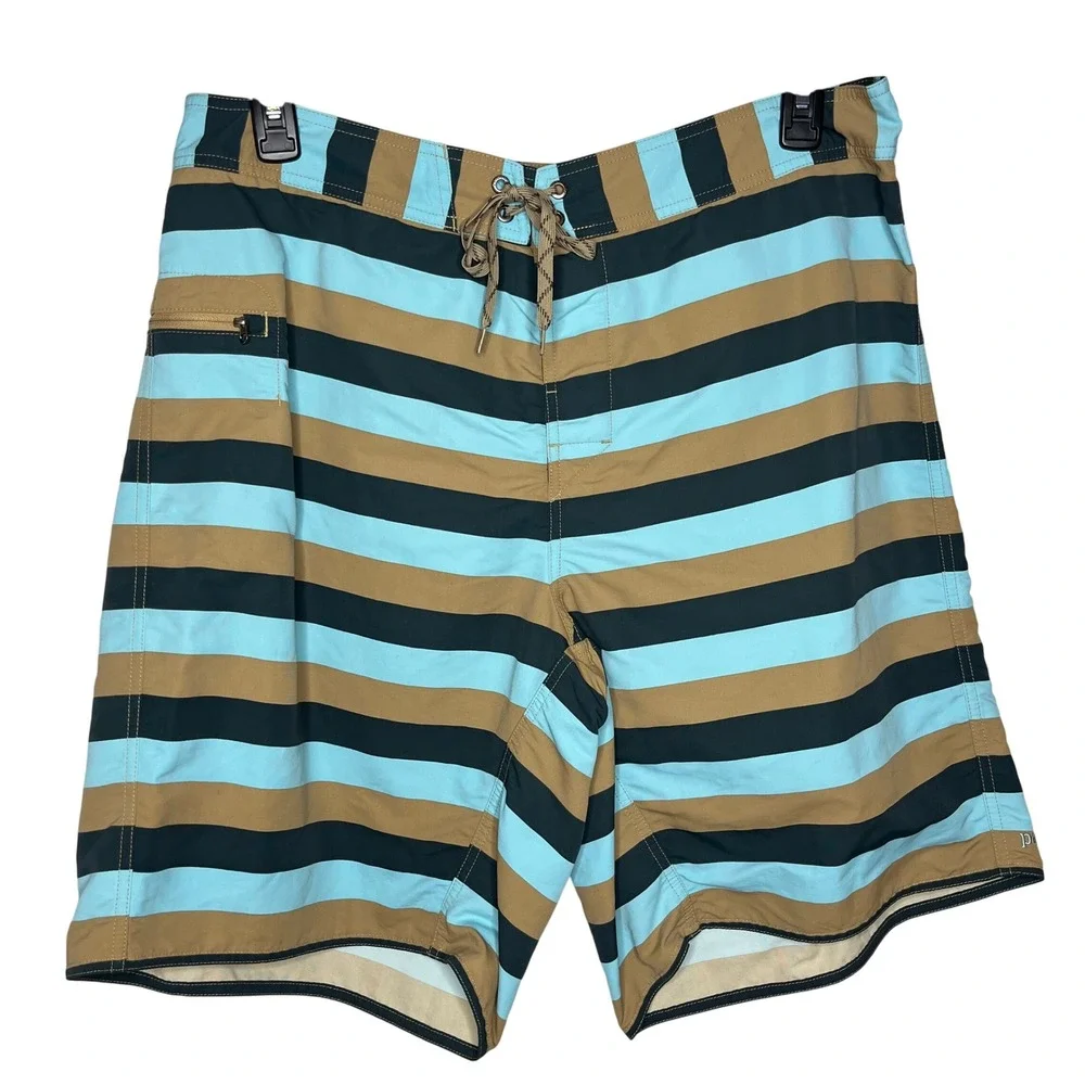 Patagonia Men Size 38 Wavefarer Board Shorts Striped Blue‎ Brown